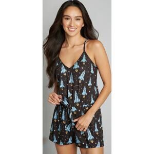 ModCloth‎ Breakfast for Dinner Black Rocket Easy Does It Sleep Romper Medium
